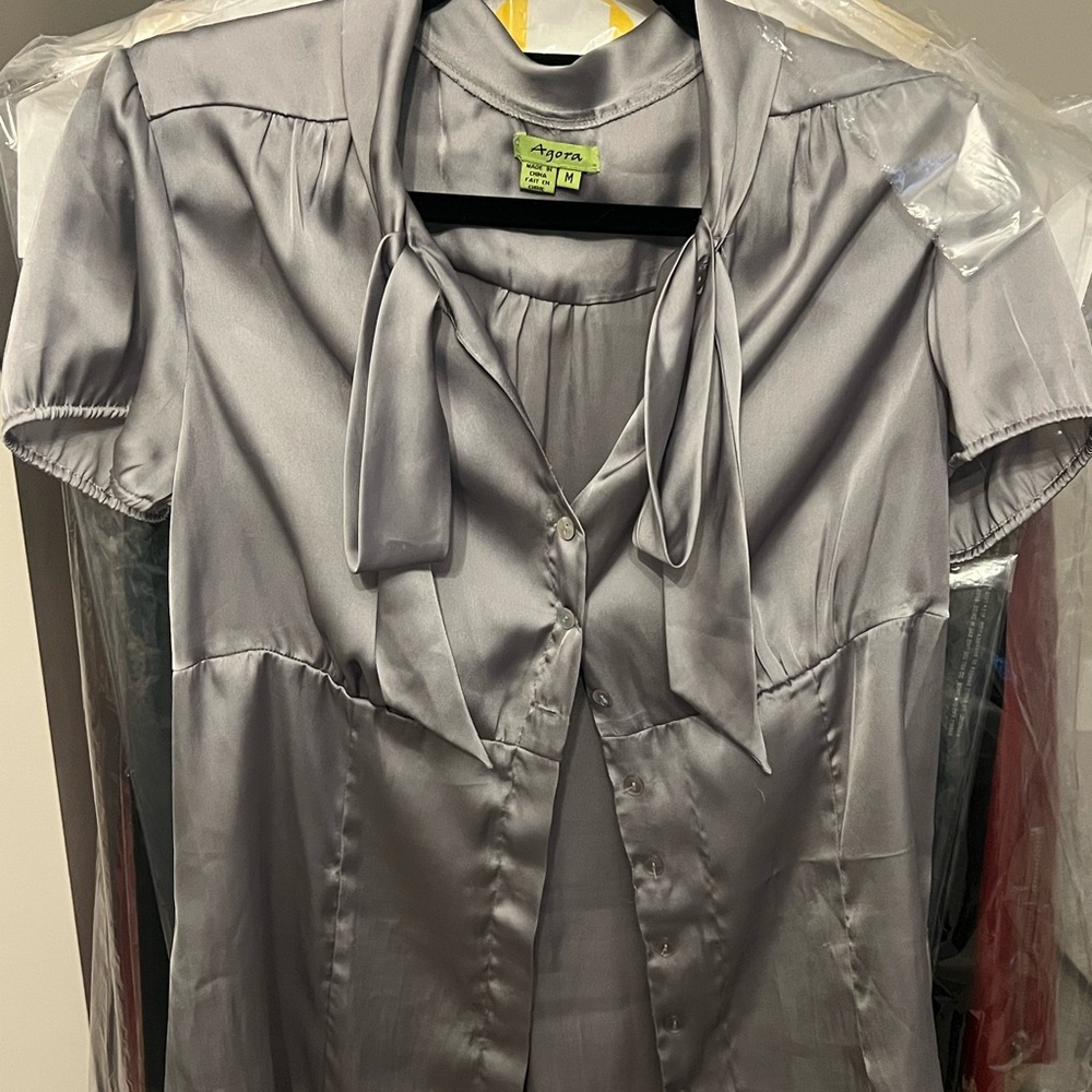 Agora Silver Blouse with Tie Neck